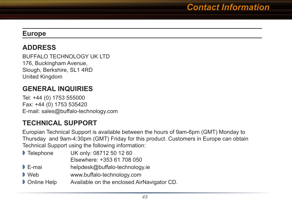 Contact information | Buffalo Technology WLI2-CB-G54L User Manual | Page 45 / 46