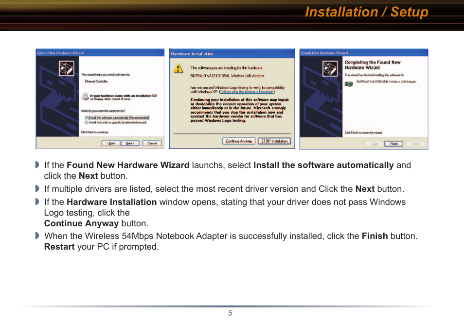 Installation / setup | Buffalo Technology WLI2-CB-G54L User Manual | Page 5 / 46