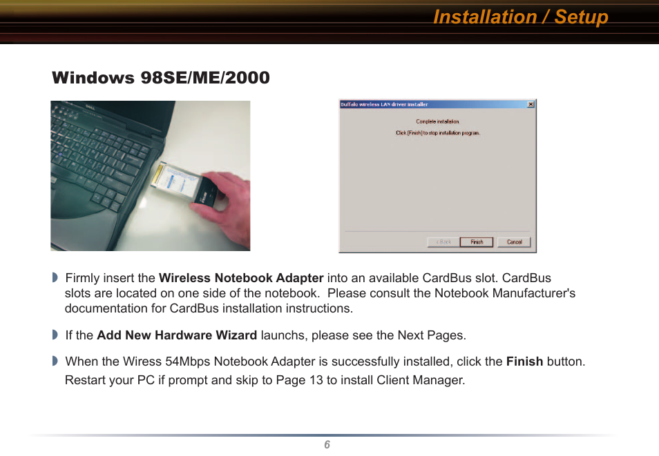 Installation / setup | Buffalo Technology WLI2-CB-G54L User Manual | Page 6 / 46