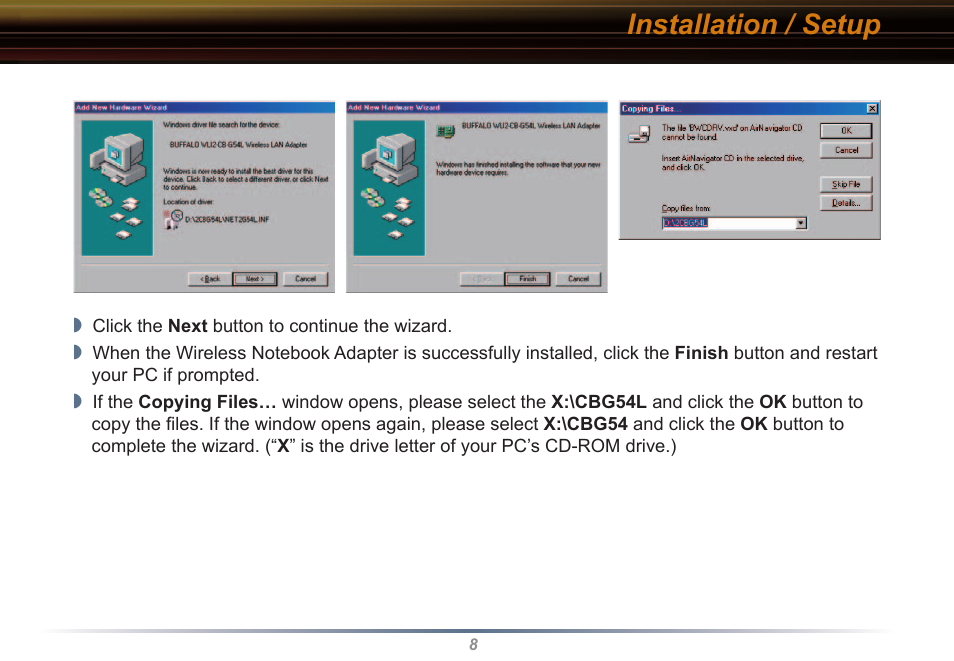 Installation / setup | Buffalo Technology WLI2-CB-G54L User Manual | Page 8 / 46
