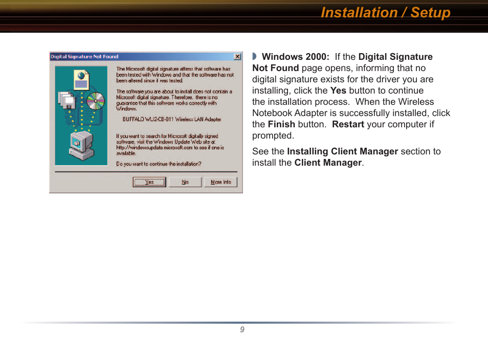 Installation / setup | Buffalo Technology WLI2-CB-G54L User Manual | Page 9 / 46