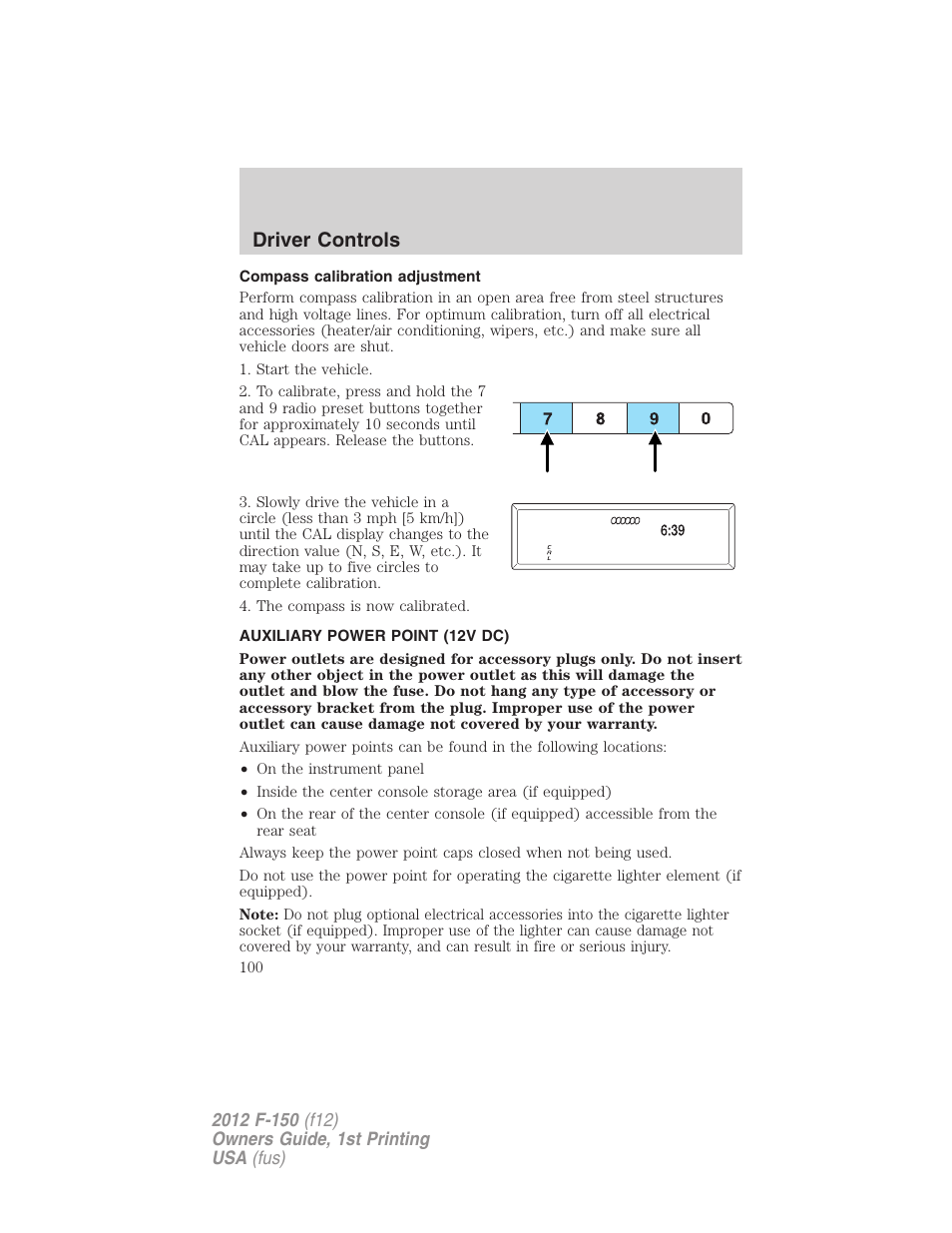 Compass calibration adjustment, Auxiliary power point (12v dc), Driver controls | FORD 2012 F-150 Raptor v.1 User Manual | Page 100 / 462