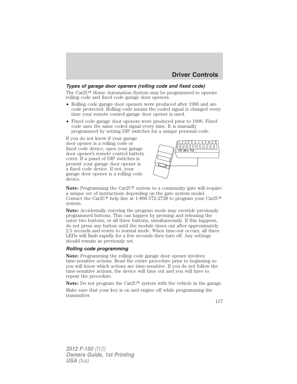 Rolling code programming, Driver controls | FORD 2012 F-150 Raptor v.1 User Manual | Page 117 / 462