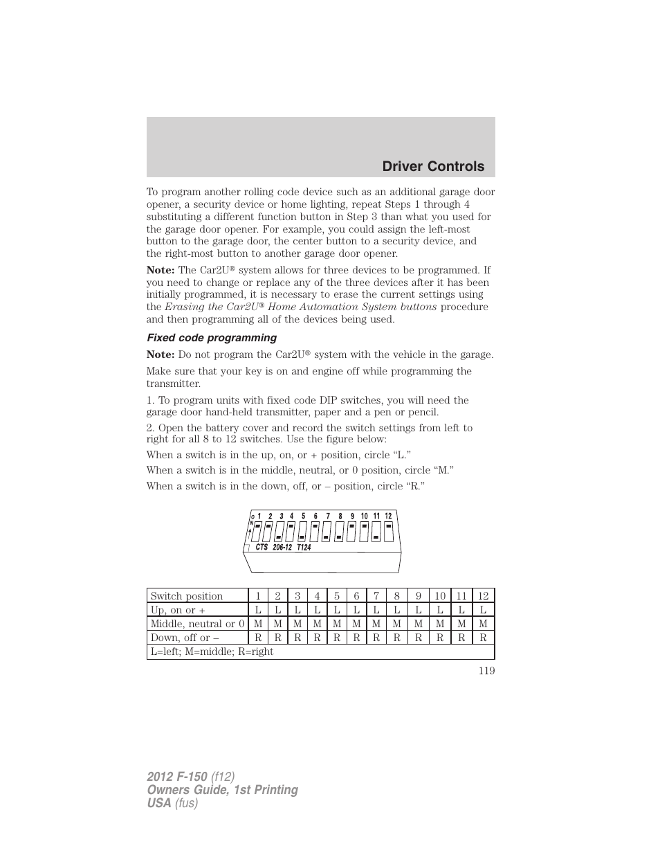Fixed code programming, Driver controls | FORD 2012 F-150 Raptor v.1 User Manual | Page 119 / 462