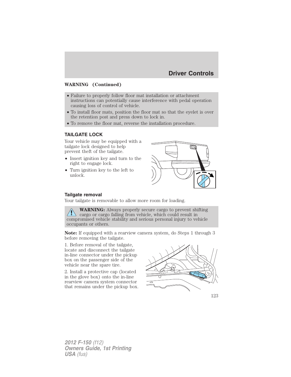 Tailgate lock, Tailgate removal, Tailgate | Driver controls | FORD 2012 F-150 Raptor v.1 User Manual | Page 123 / 462