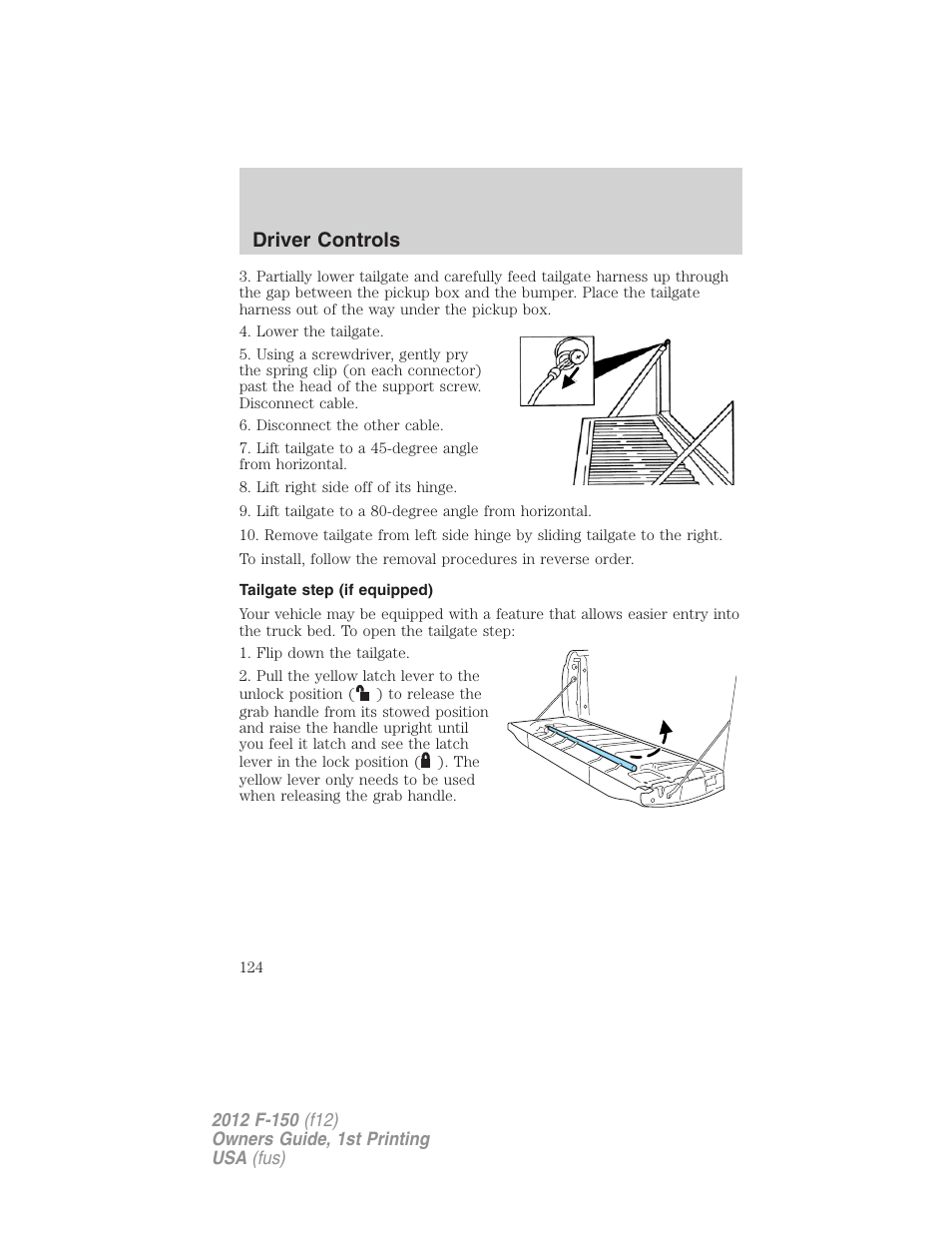 Tailgate step (if equipped), Driver controls | FORD 2012 F-150 Raptor v.1 User Manual | Page 124 / 462