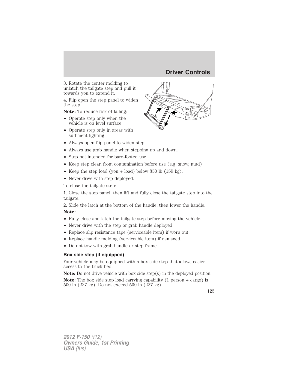 Box side step (if equipped), Driver controls | FORD 2012 F-150 Raptor v.1 User Manual | Page 125 / 462