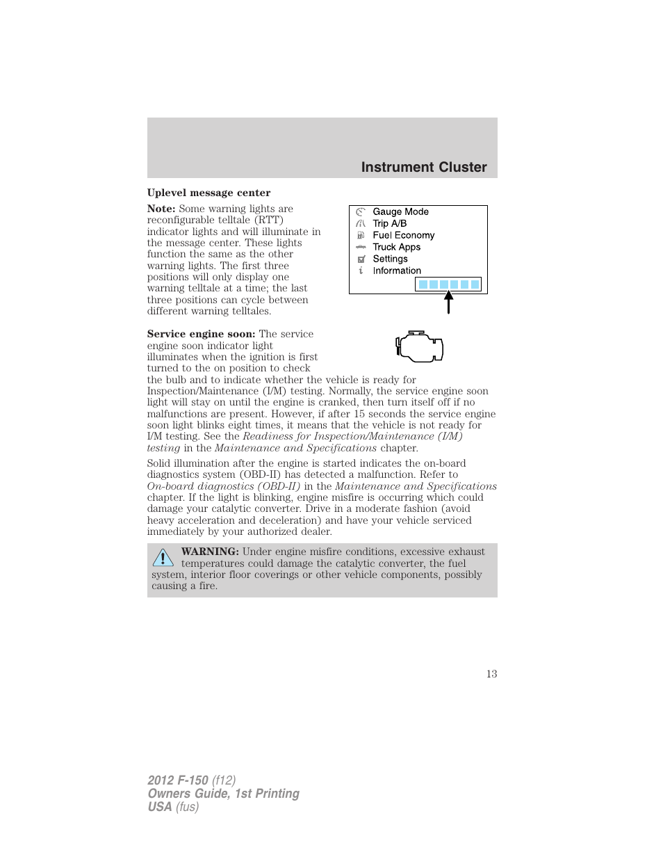 Instrument cluster | FORD 2012 F-150 Raptor v.1 User Manual | Page 13 / 462