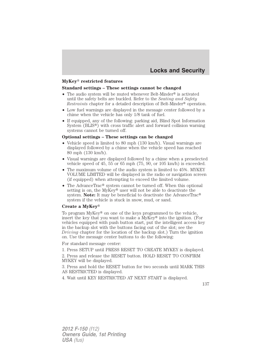 Locks and security | FORD 2012 F-150 Raptor v.1 User Manual | Page 137 / 462