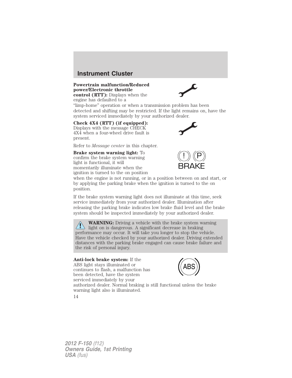 P! brake abs | FORD 2012 F-150 Raptor v.1 User Manual | Page 14 / 462