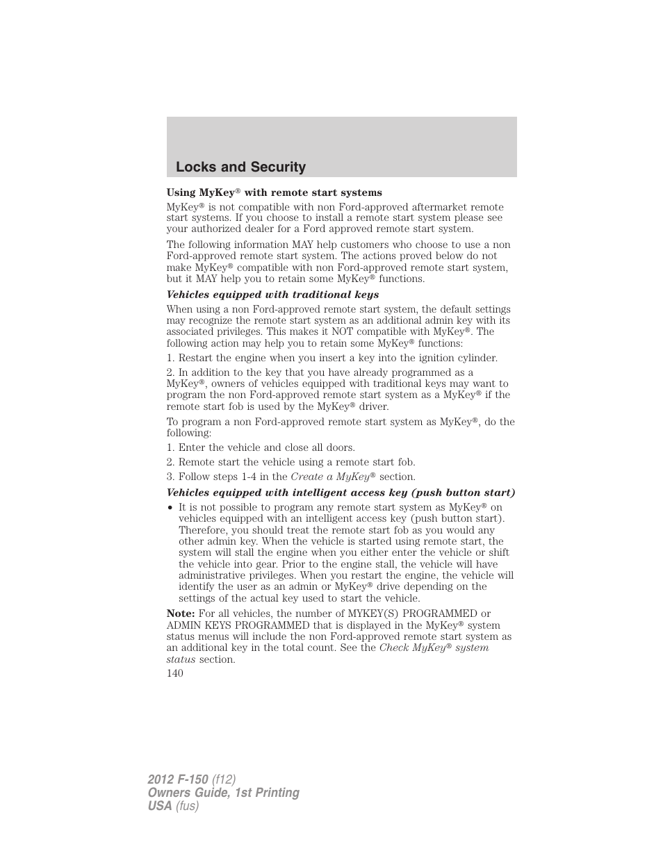 Locks and security | FORD 2012 F-150 Raptor v.1 User Manual | Page 140 / 462