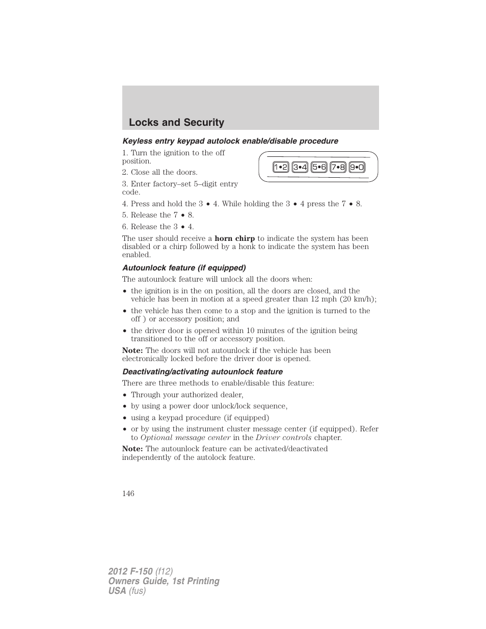 Autounlock feature (if equipped), Deactivating/activating autounlock feature, Locks and security | FORD 2012 F-150 Raptor v.1 User Manual | Page 146 / 462