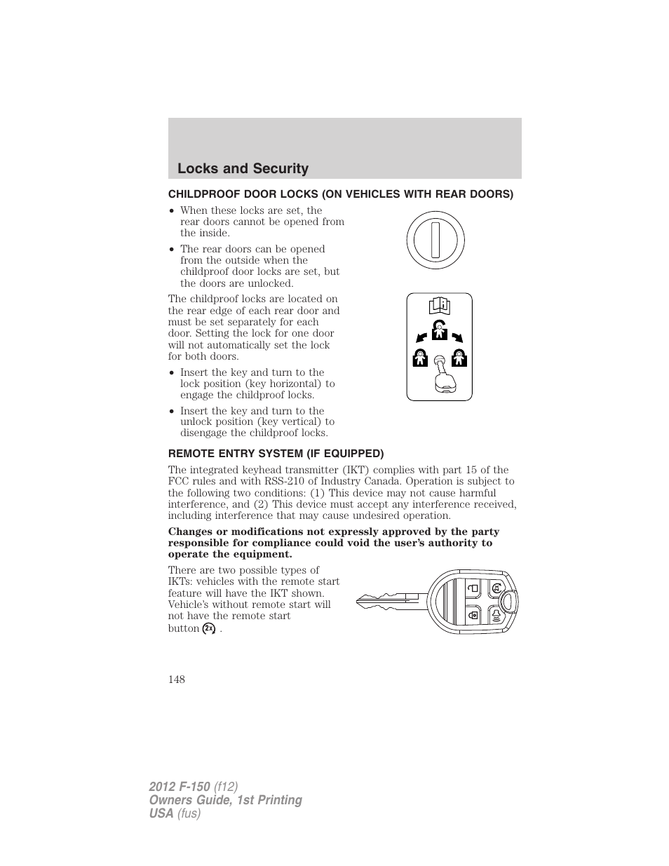 Remote entry system (if equipped), Locks and security | FORD 2012 F-150 Raptor v.1 User Manual | Page 148 / 462