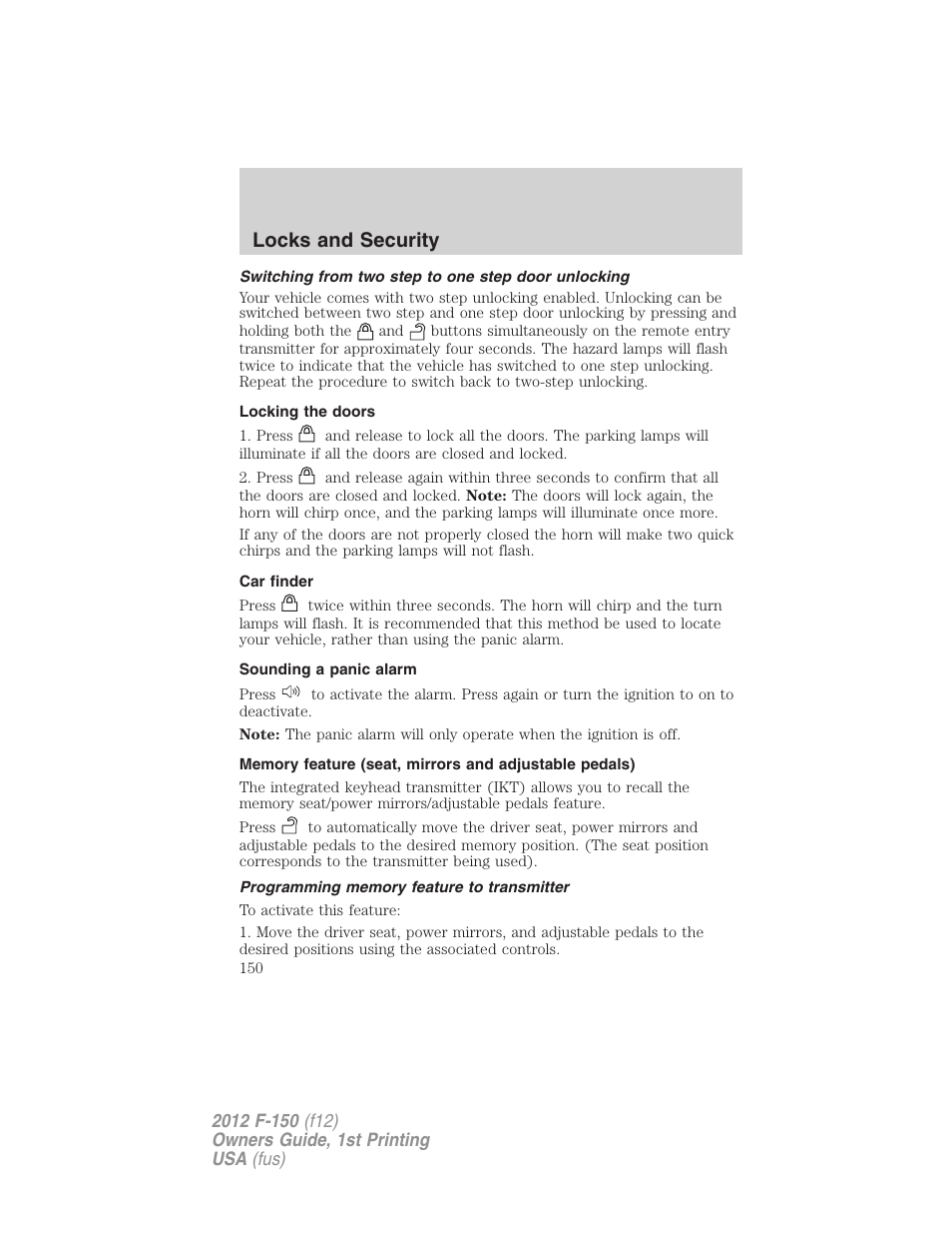 Switching from two step to one step door unlocking, Locking the doors, Car finder | Sounding a panic alarm, Programming memory feature to transmitter, Locks and security | FORD 2012 F-150 Raptor v.1 User Manual | Page 150 / 462