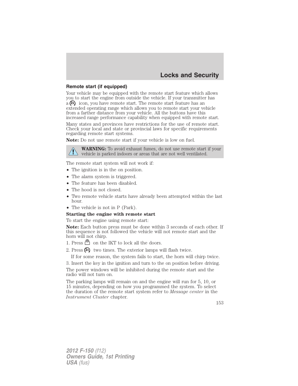 Remote start (if equipped), Locks and security | FORD 2012 F-150 Raptor v.1 User Manual | Page 153 / 462