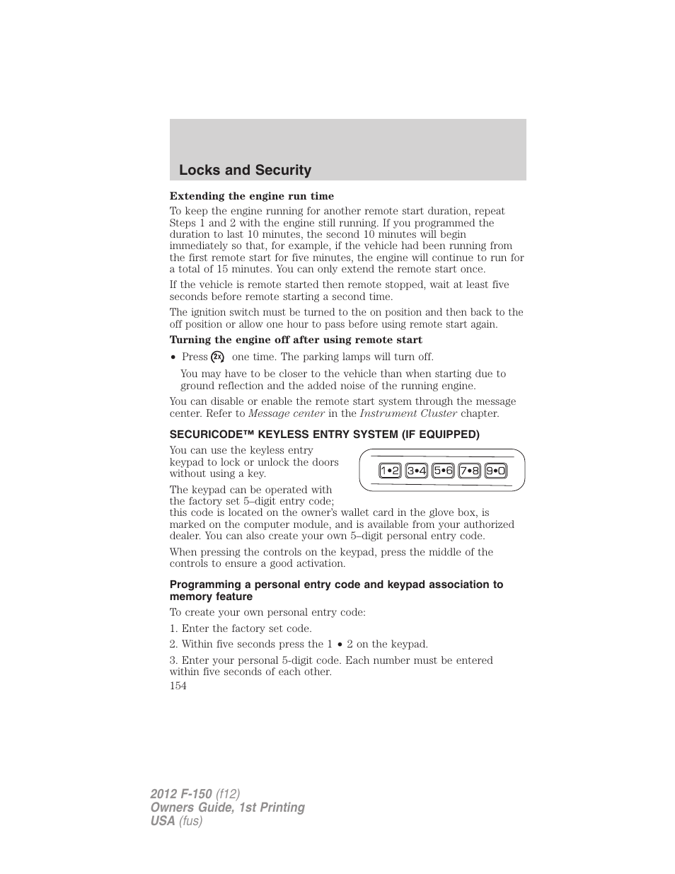 Securicode™ keyless entry system (if equipped), Locks and security | FORD 2012 F-150 Raptor v.1 User Manual | Page 154 / 462