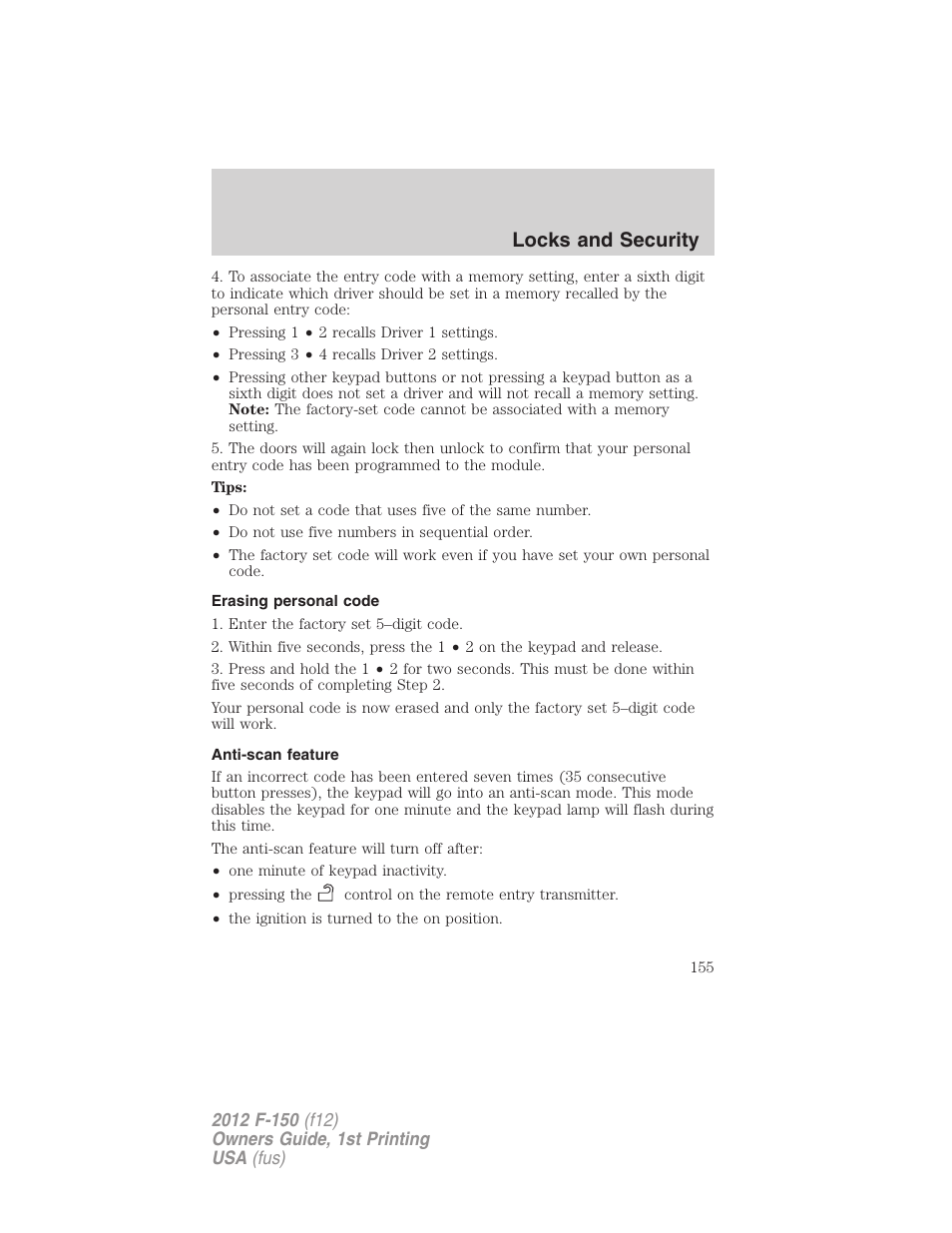 Erasing personal code, Anti-scan feature, Locks and security | FORD 2012 F-150 Raptor v.1 User Manual | Page 155 / 462
