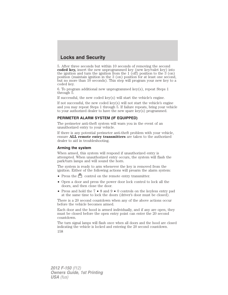 Perimeter alarm system (if equipped), Arming the system, Locks and security | FORD 2012 F-150 Raptor v.1 User Manual | Page 158 / 462