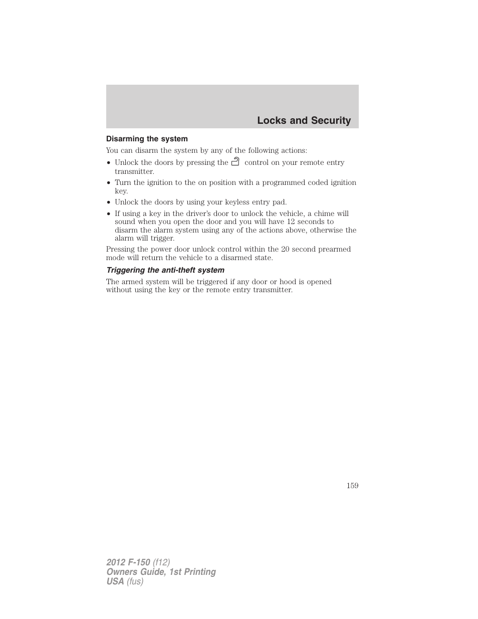 Disarming the system, Triggering the anti-theft system, Locks and security | FORD 2012 F-150 Raptor v.1 User Manual | Page 159 / 462
