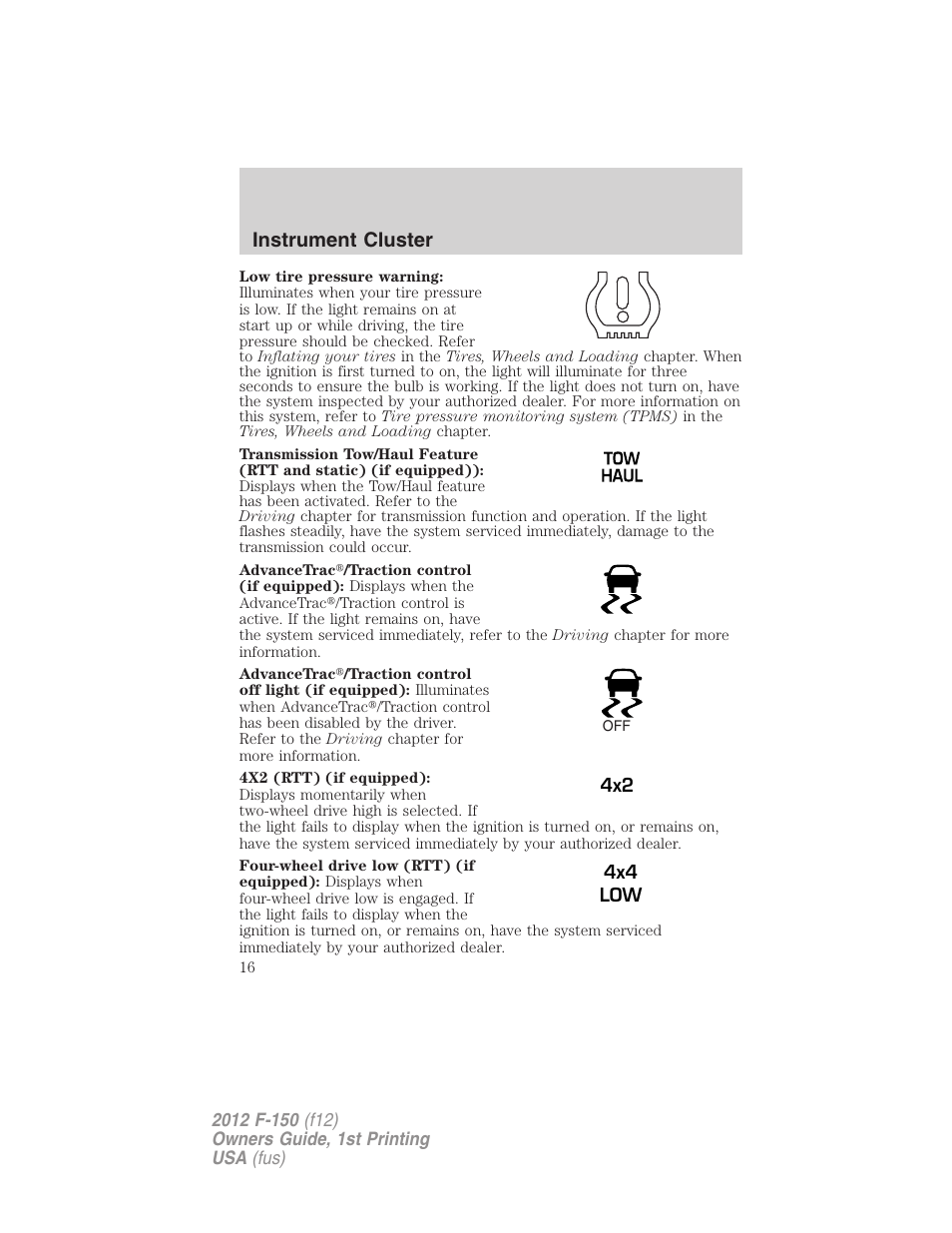 Instrument cluster | FORD 2012 F-150 Raptor v.1 User Manual | Page 16 / 462