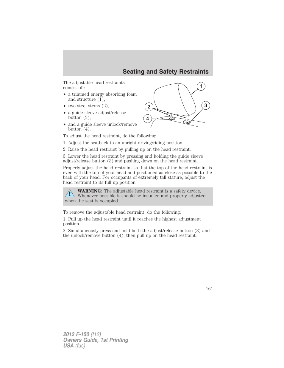 Seating and safety restraints | FORD 2012 F-150 Raptor v.1 User Manual | Page 161 / 462