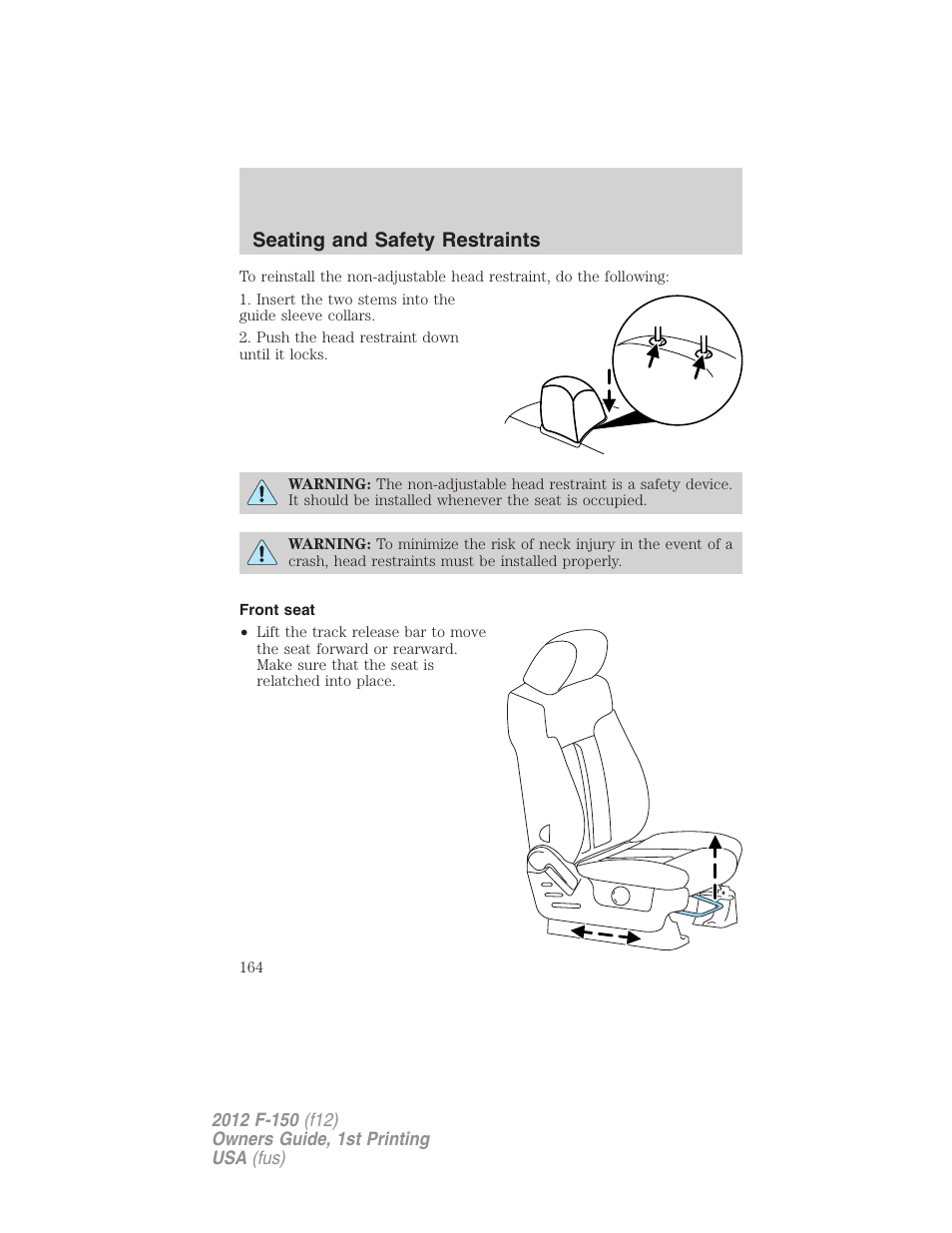 Front seat, Seating and safety restraints | FORD 2012 F-150 Raptor v.1 User Manual | Page 164 / 462