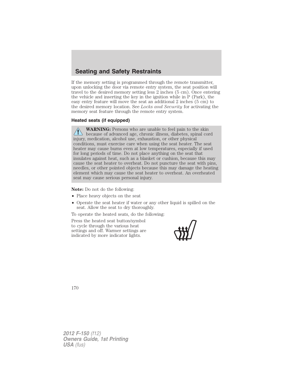 Heated seats (if equipped), Seating and safety restraints | FORD 2012 F-150 Raptor v.1 User Manual | Page 170 / 462