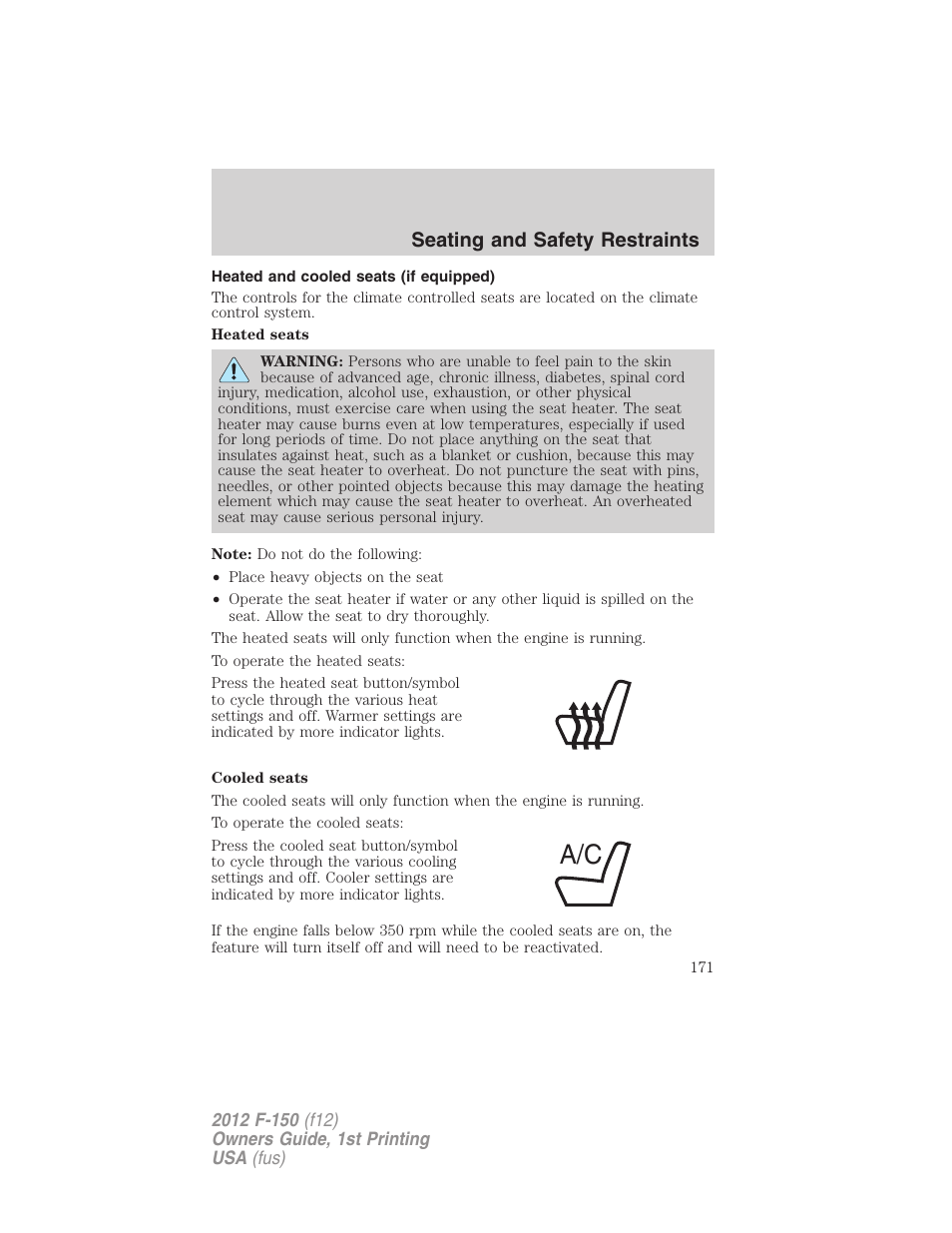 Heated and cooled seats (if equipped), Seating and safety restraints | FORD 2012 F-150 Raptor v.1 User Manual | Page 171 / 462