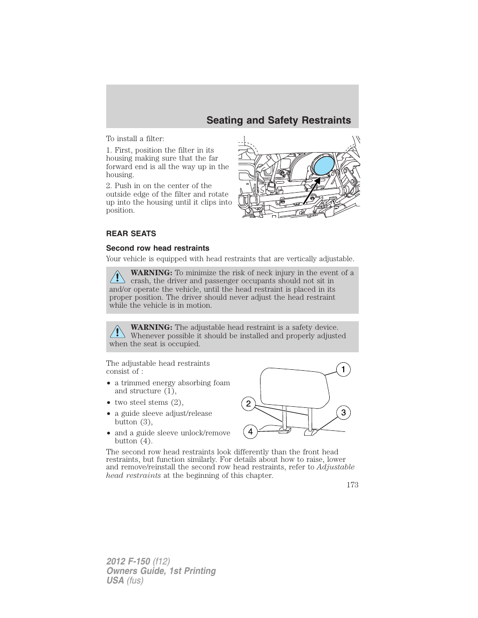 Rear seats, Second row head restraints, Seating and safety restraints | FORD 2012 F-150 Raptor v.1 User Manual | Page 173 / 462