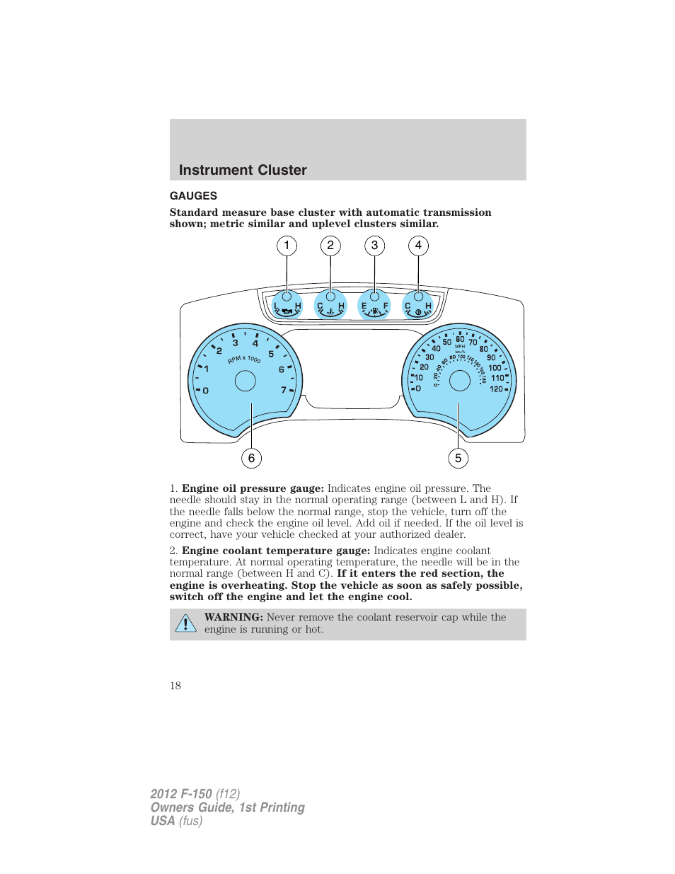 Gauges, Instrument cluster | FORD 2012 F-150 Raptor v.1 User Manual | Page 18 / 462