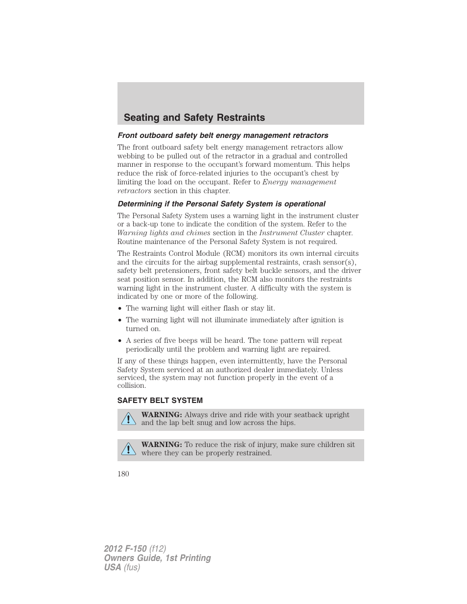 Safety belt system, Seating and safety restraints | FORD 2012 F-150 Raptor v.1 User Manual | Page 180 / 462