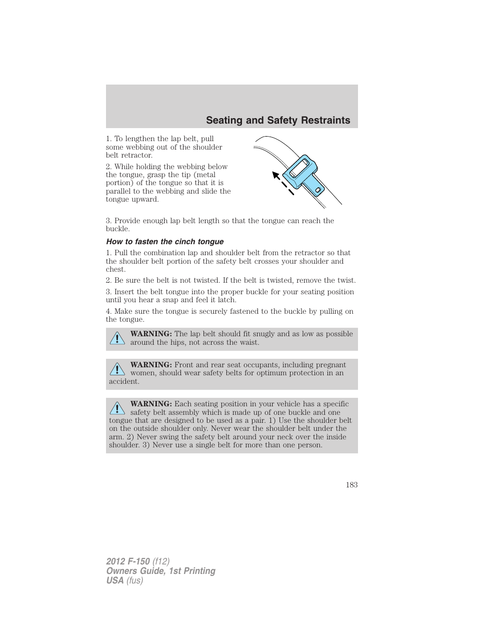 How to fasten the cinch tongue, Seating and safety restraints | FORD 2012 F-150 Raptor v.1 User Manual | Page 183 / 462