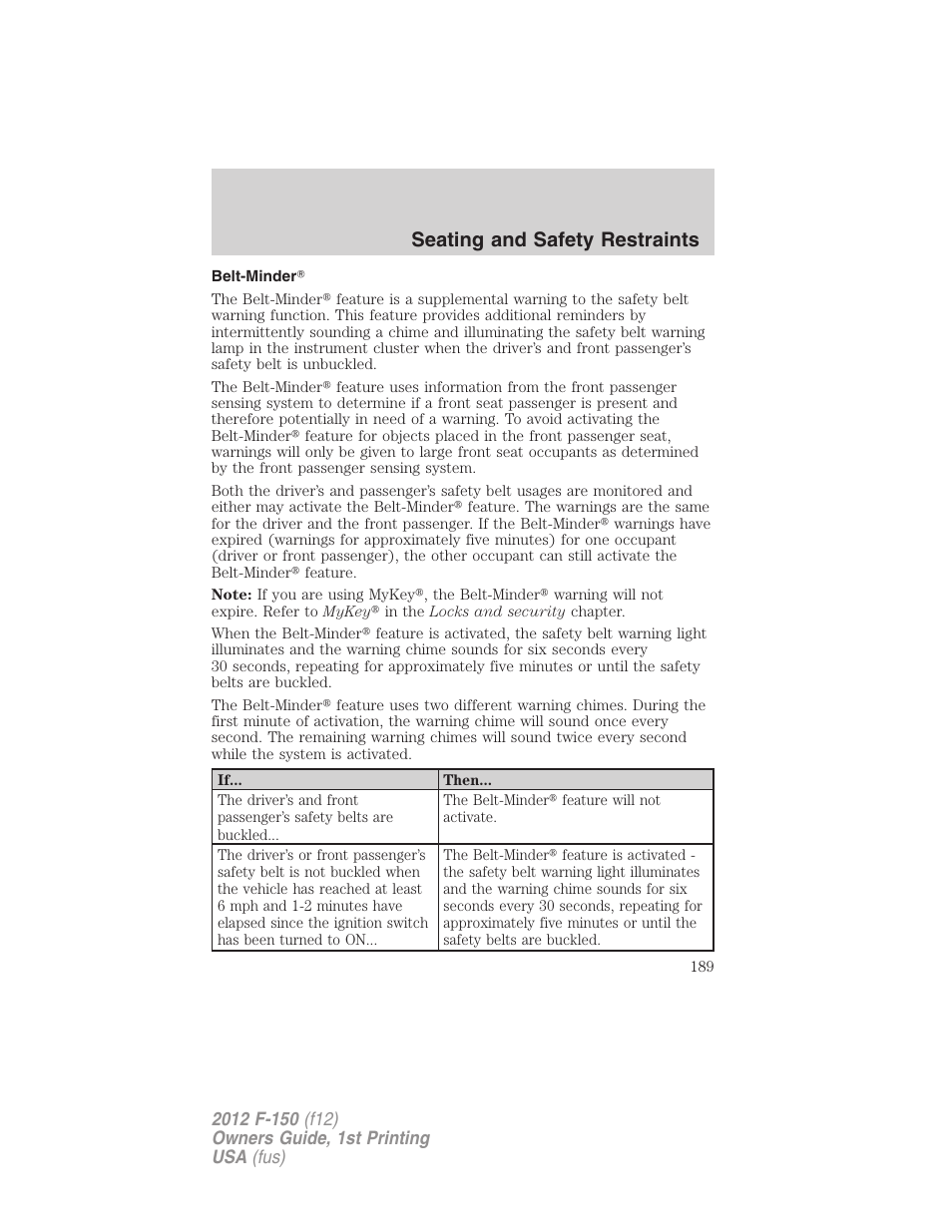 Belt-minder, Seating and safety restraints | FORD 2012 F-150 Raptor v.1 User Manual | Page 189 / 462
