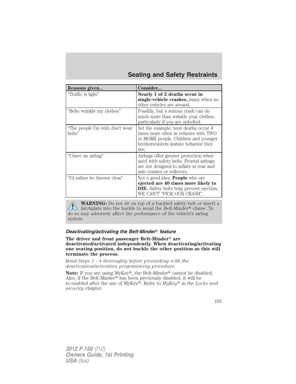 Deactivating/activating the belt-minder? feature, Seating and safety restraints | FORD 2012 F-150 Raptor v.1 User Manual | Page 191 / 462