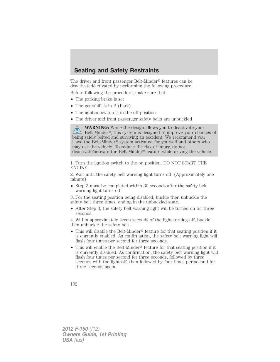 Seating and safety restraints | FORD 2012 F-150 Raptor v.1 User Manual | Page 192 / 462