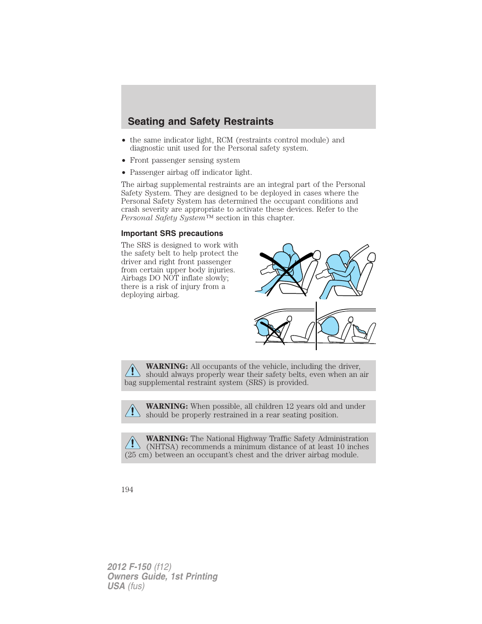 Important srs precautions, Seating and safety restraints | FORD 2012 F-150 Raptor v.1 User Manual | Page 194 / 462