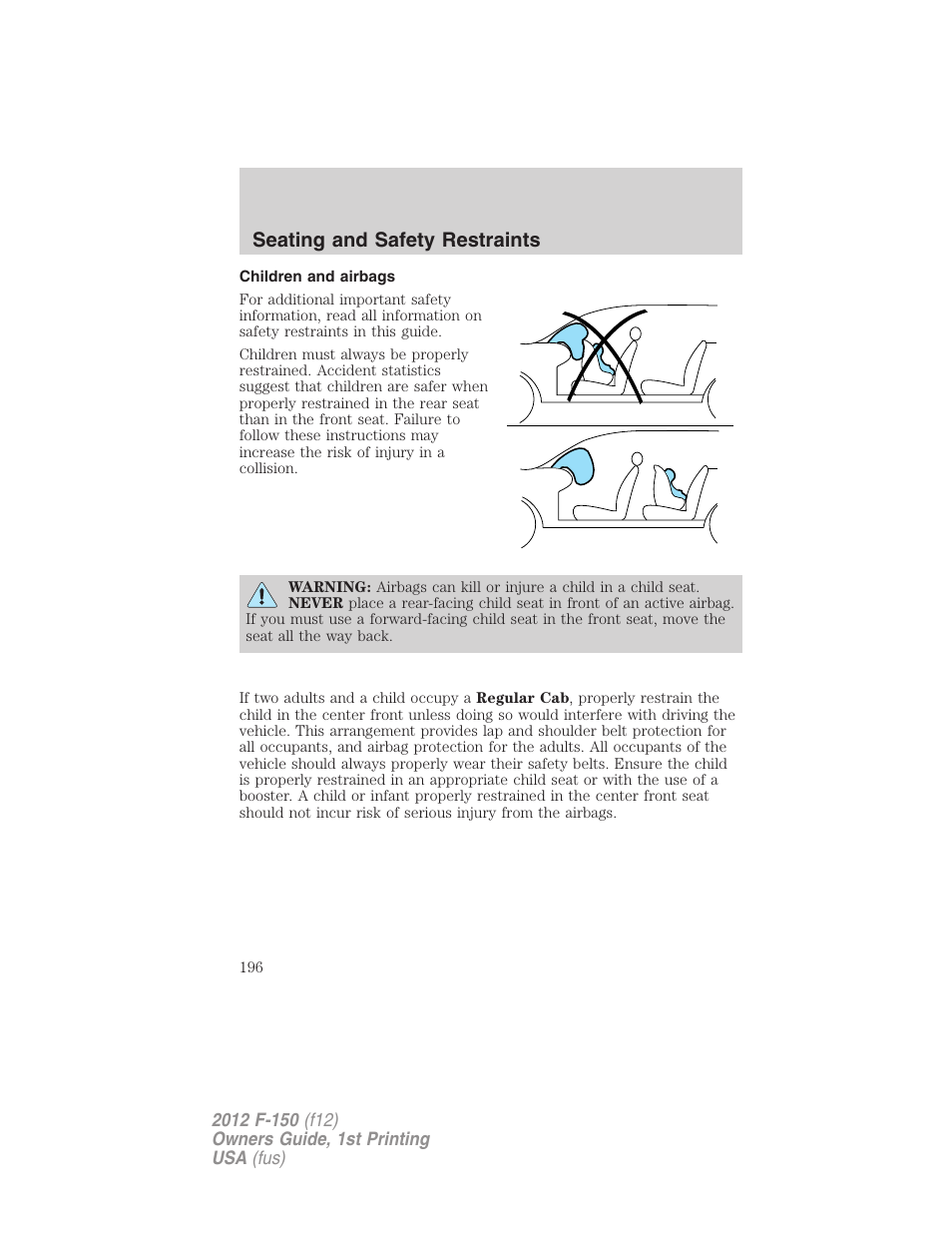 Children and airbags, Seating and safety restraints | FORD 2012 F-150 Raptor v.1 User Manual | Page 196 / 462