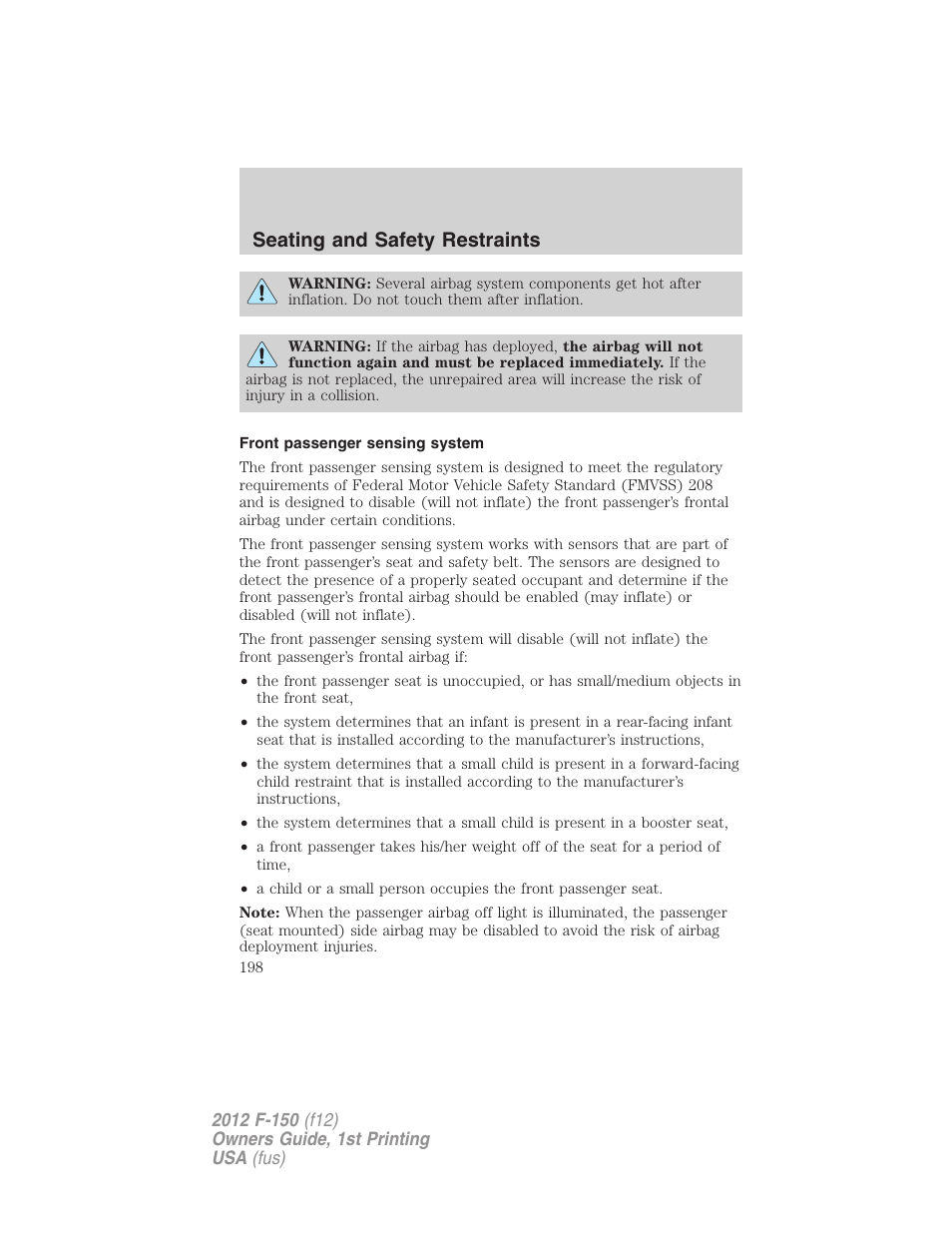 Front passenger sensing system, Seating and safety restraints | FORD 2012 F-150 Raptor v.1 User Manual | Page 198 / 462
