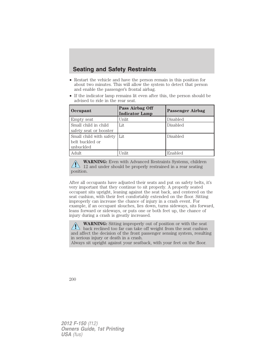 Seating and safety restraints | FORD 2012 F-150 Raptor v.1 User Manual | Page 200 / 462