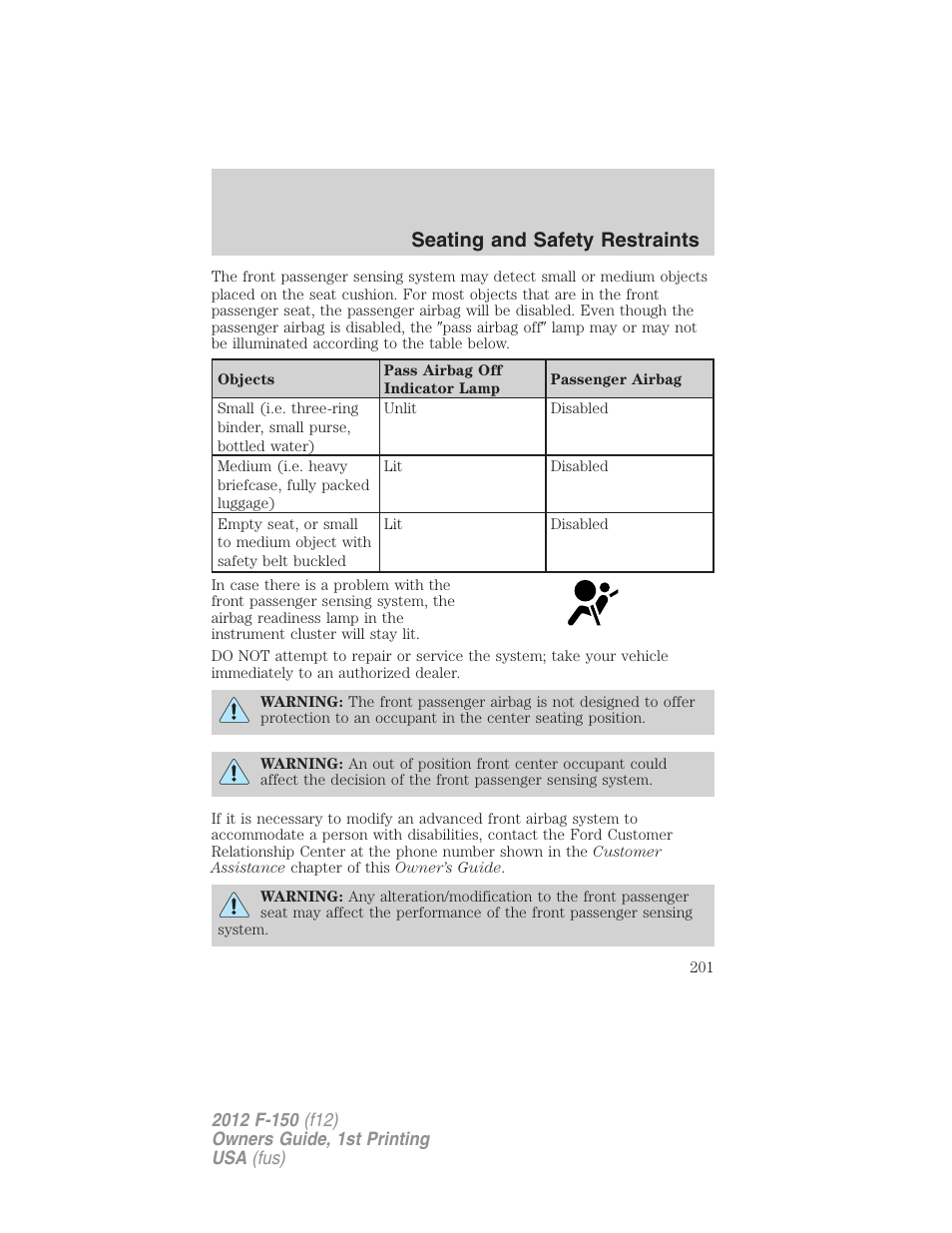 Seating and safety restraints | FORD 2012 F-150 Raptor v.1 User Manual | Page 201 / 462