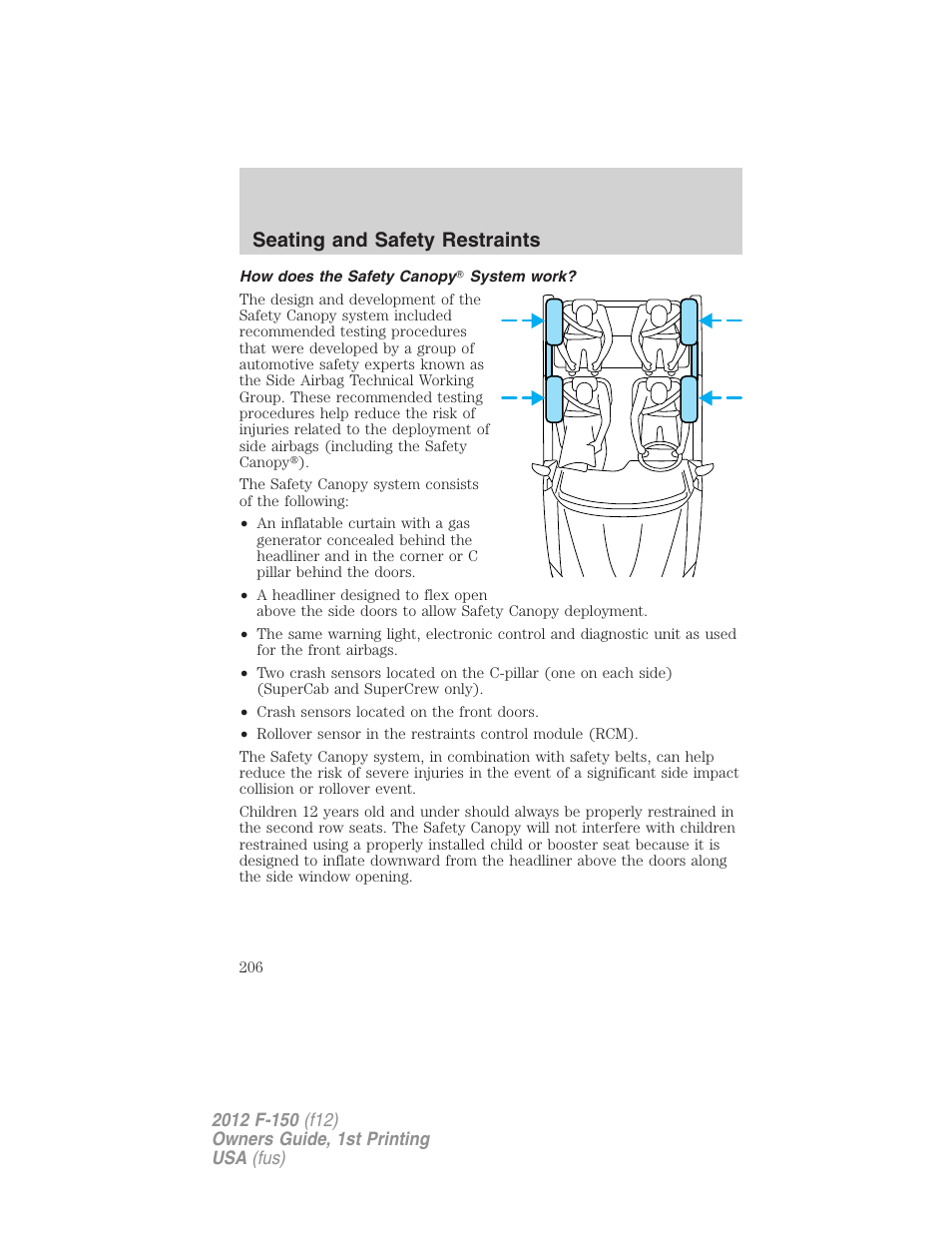 How does the safety canopy? system work, Seating and safety restraints | FORD 2012 F-150 Raptor v.1 User Manual | Page 206 / 462