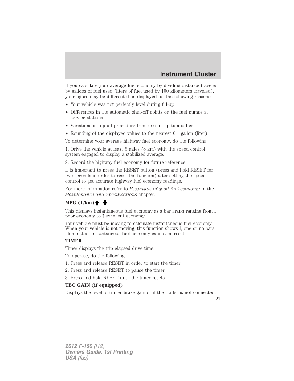 Instrument cluster | FORD 2012 F-150 Raptor v.1 User Manual | Page 21 / 462