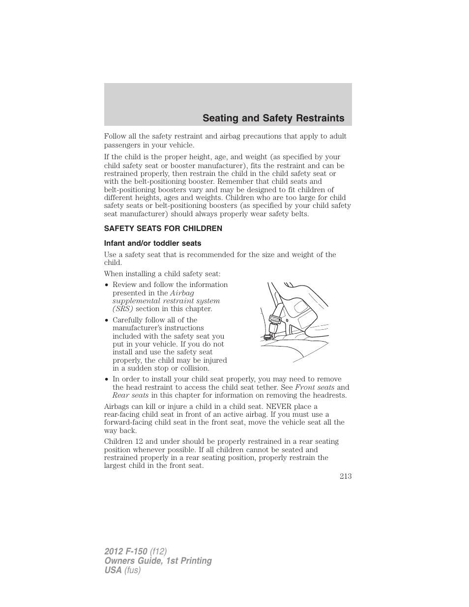 Safety seats for children, Infant and/or toddler seats, Seating and safety restraints | FORD 2012 F-150 Raptor v.1 User Manual | Page 213 / 462
