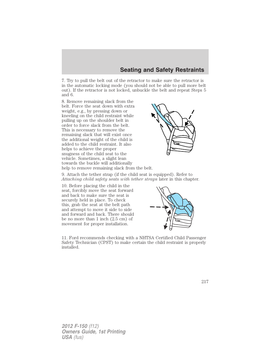 Seating and safety restraints | FORD 2012 F-150 Raptor v.1 User Manual | Page 217 / 462