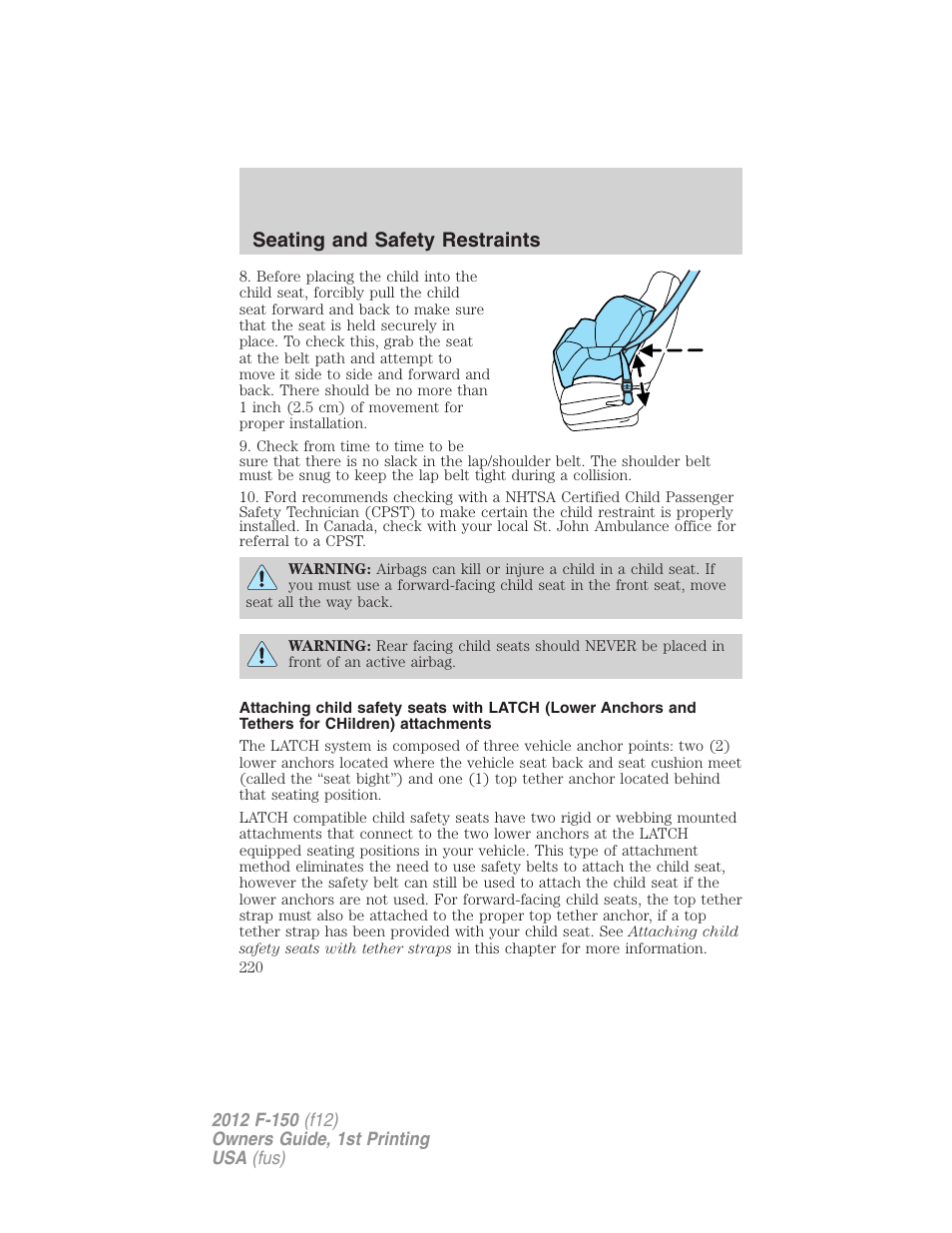 Seating and safety restraints | FORD 2012 F-150 Raptor v.1 User Manual | Page 220 / 462