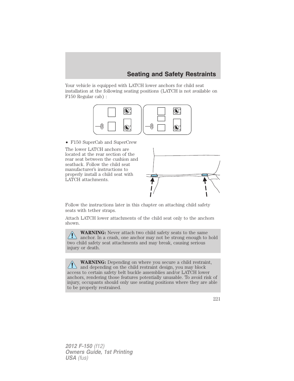 Seating and safety restraints | FORD 2012 F-150 Raptor v.1 User Manual | Page 221 / 462