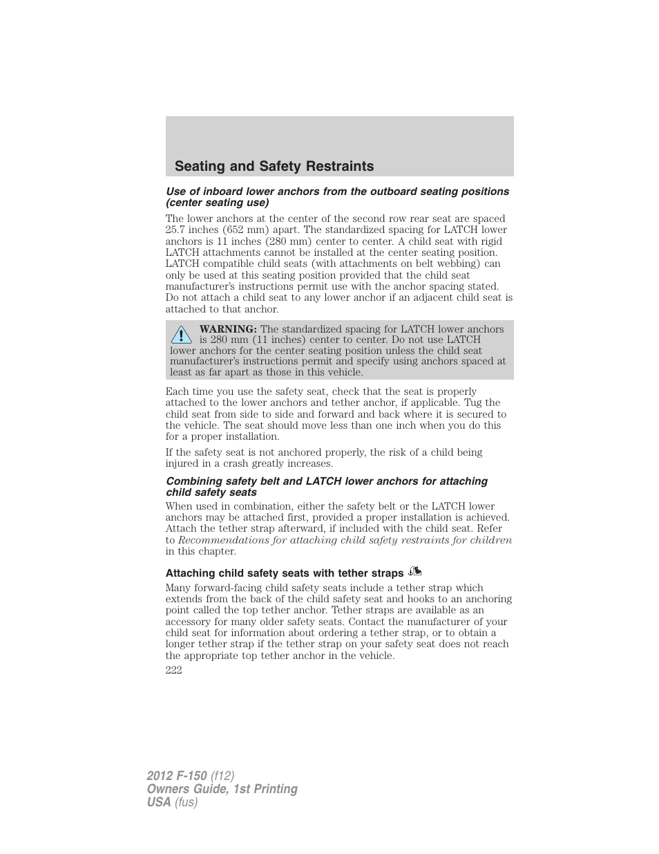 Attaching child safety seats with tether straps, Seating and safety restraints | FORD 2012 F-150 Raptor v.1 User Manual | Page 222 / 462