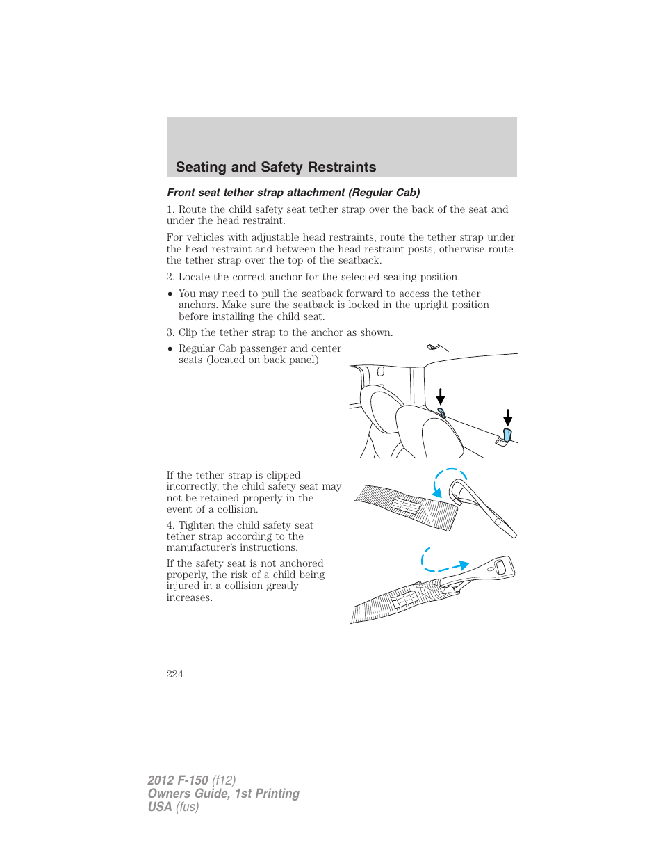 Front seat tether strap attachment (regular cab), Seating and safety restraints | FORD 2012 F-150 Raptor v.1 User Manual | Page 224 / 462