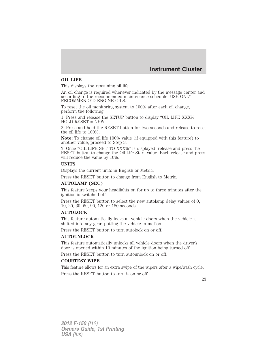 Instrument cluster | FORD 2012 F-150 Raptor v.1 User Manual | Page 23 / 462