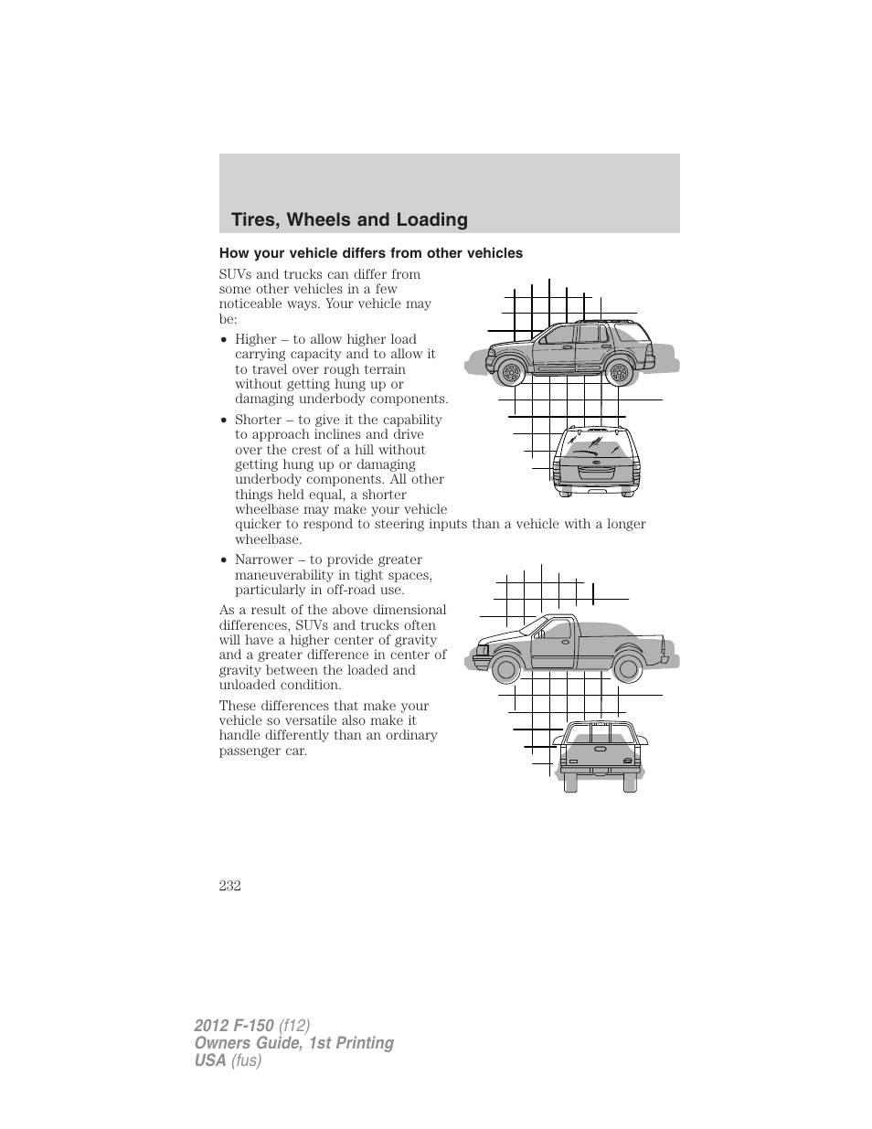 How your vehicle differs from other vehicles, Tires, wheels and loading | FORD 2012 F-150 Raptor v.1 User Manual | Page 232 / 462